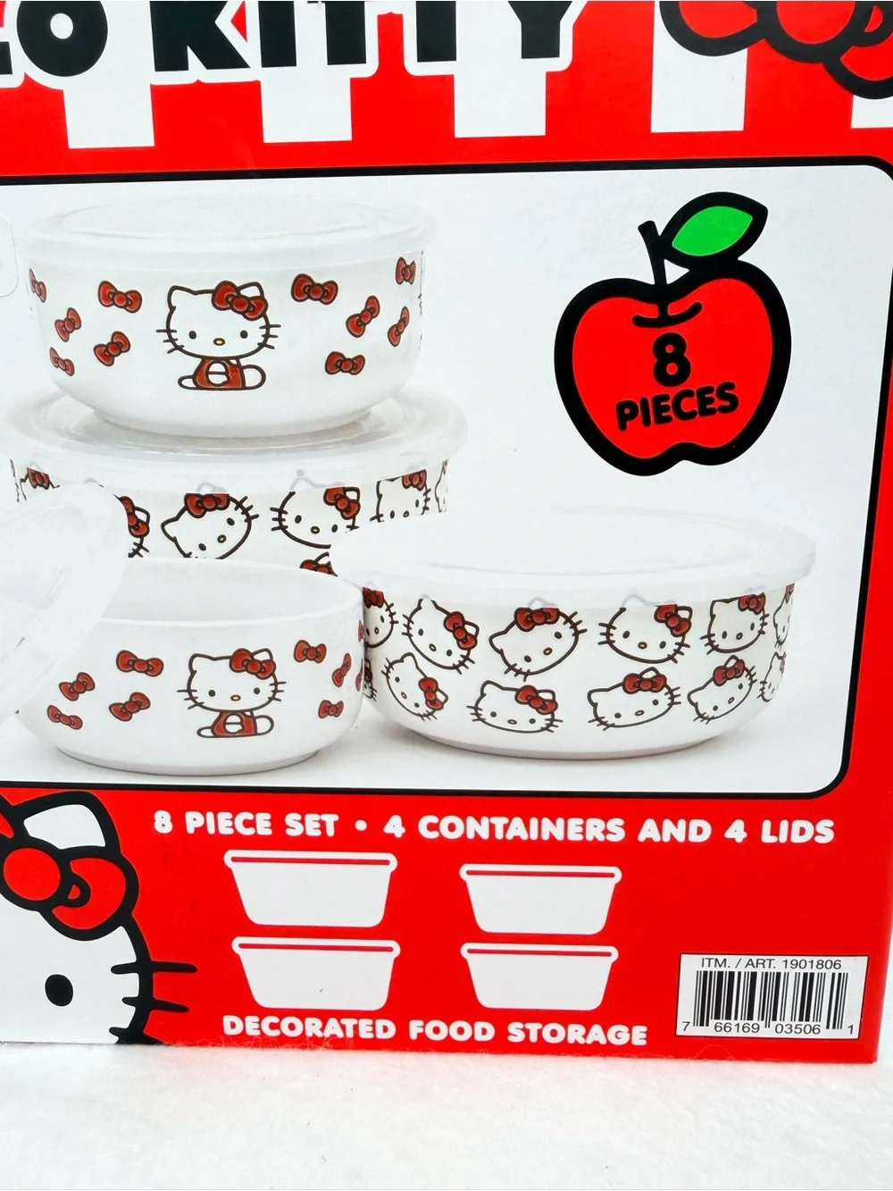 Hello Kitty White Ceramic Bowls with Red Bow Accents & Lids - 8 Piece Set